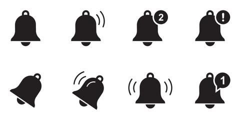 Notification bell icon set. Ringing notification bell icons, alarm and smartphone alert symbols, new message and reminder illustrations, shaking bell to notify, vector set, modern notification. 