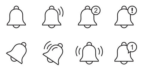 Notification bell icon set. Ringing notification bell icons, alarm and smartphone alert symbols, new message and reminder illustrations, shaking bell to notify, vector set, modern notification. 