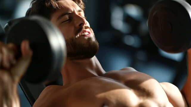 Faceless Hispanic male bodybuilder performing incline dumbbell bench press, powerful chest-focused strength training moment, man training for strength and power, healthy