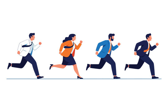 Business professionals running in a line conveying a sense of urgency and teamwork