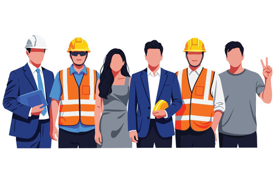 Diverse group of professionals in construction and business attire