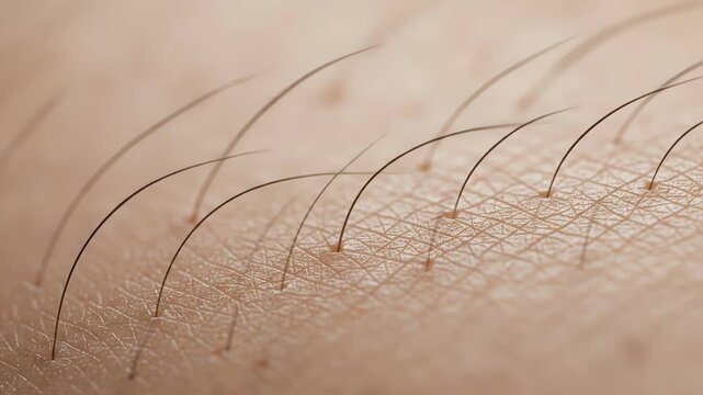 Extreme macro detail of human skin with hairs standing on end, a physiological reaction known as goosebumps, piloerection, or horripilation often caused by cold, fear, or excitement