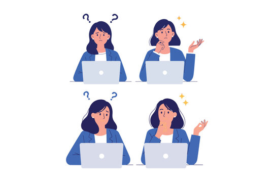 Illustration of a woman experiencing various emotions while working on a laptop