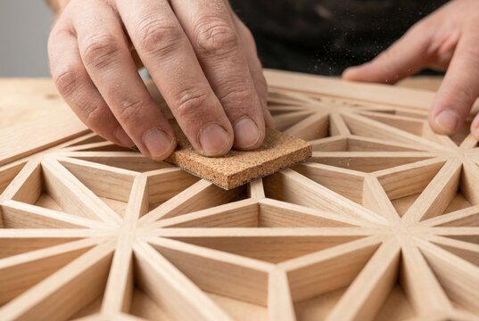 Artisan sanding a complex geometric wooden lattice panel with a sanding block