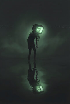 Surreal TV Head Human Reflection in Dark Water, Digital Identity Loss Concept, Cyber Isolation Minimalist Illustration