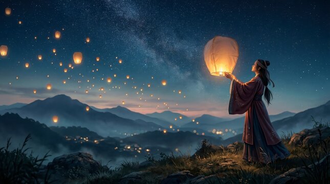 Celestial Lanterns: An ethereal moment unfolds as a woman releases a lantern into the twilight sky, surrounded by a multitude of floating lights. In the backdrop.