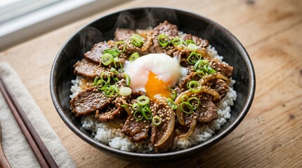 Savory Beef Bowl: A culinary masterpiece features tender slices of succulent beef, beautifully arranged atop a bed of fluffy rice, crowned with a perfectly poached egg and vibrant scallions.
