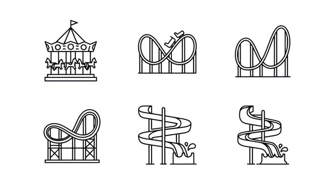 Amusement Park Ride Icons: Carousel, Roller Coasters, Water Slides