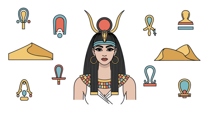 Ancient Egyptian Goddess Isis Portrait with Hieroglyphs and Desert Landscape