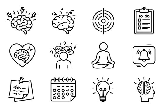 ADHD and Focus Line Icons &ndash; Mental Health, Productivity and Attention Outline Set