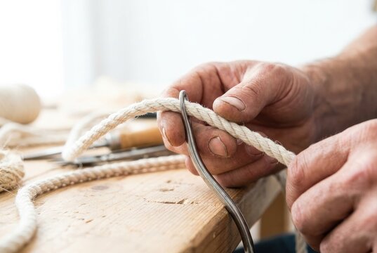 Artisan hands using a curved metal fid tool to splice a thick natural fiber rope