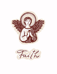 Naklejka premium Hand drawn faith lettering angel printable greeting card illustration. Flat isolated vector sticker motif for christian religious graphic design, church flyer and prayer request clip art picture
