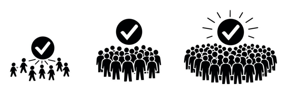 Audience and crowd of stick figures showing agreement through a checkmark icon, representing group decision-making and validity
