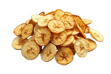 Fototapeta premium Banana chips piling, crunchy dehydrated banana slices creating a healthy fruit snack, transparent background