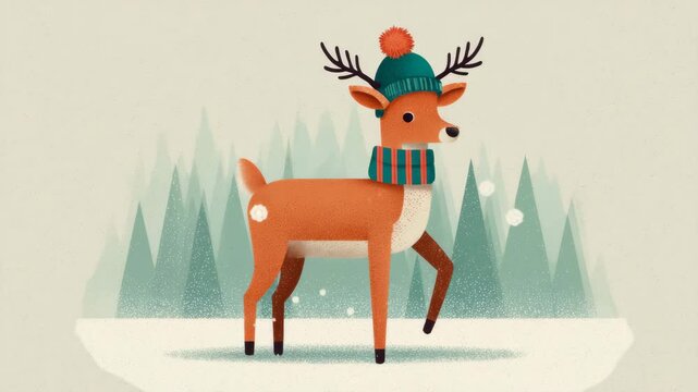 クリスマスの雪景色に立つトナカイのイラスト