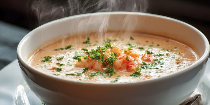 Creamy lobster bisque served in a white ceramic bowl with fresh green herbs and steam rising above the rich velvety texture for a gourmet dining experience and warmth