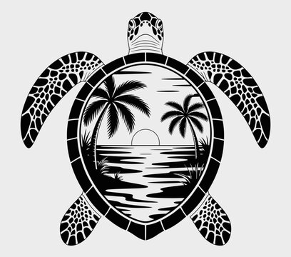 A turtle design incorporates a tropical scene within its shell, depicting palm trees and a setting sun over the ocean.