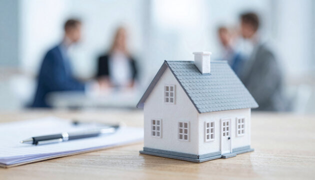 A miniature house sits on a light wooden table amidst a business meeting scene.