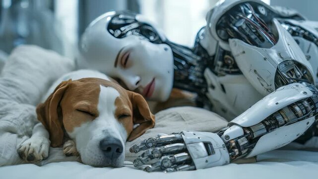 A lifelike robot and a calm dog rest together, highlighting the emotional connection between artificial intelligence and animals. This touching moment blends innovation with comfort and companionship