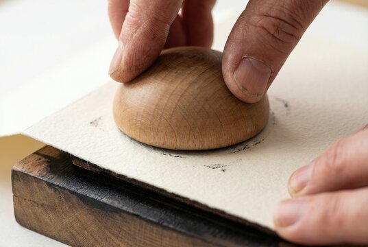 Person pressing a wooden baren tool onto paper to transfer an ink print from a woodblock