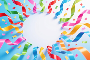 Obraz premium Vibrant, swirling ribbons and confetti on a blue and white background, evoking a festive birthday or celebration atmosphere in a playful, digital illustration style.