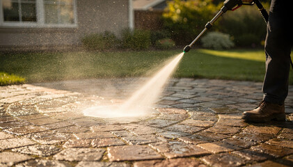Fototapeta premium Close-up of a pressure washer cleaning a dirty brick patio in a home backyard, illustrating professional outdoor maintenance and property upkeep