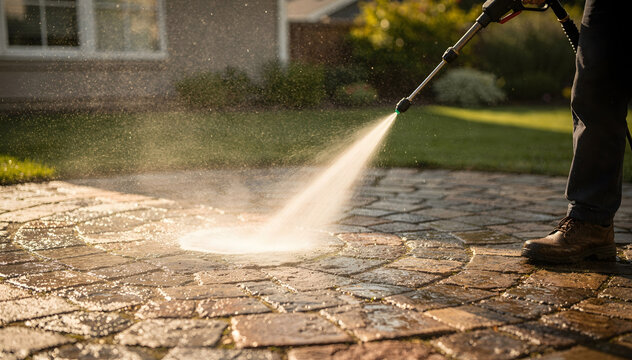 Close-up of a pressure washer cleaning a dirty brick patio in a home backyard, illustrating professional outdoor maintenance and property upkeep