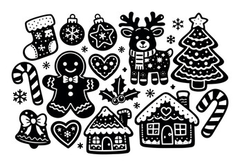 Fototapeta premium Festive winter holiday icons featuring gingerbread man, reindeer, cozy houses, christmas trees, candy canes, and snowflakes