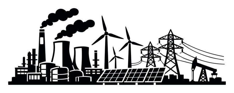 Global energy industry concept presenting a mix of traditional power plants, wind turbines, solar panels, and oil extraction