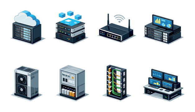 Cloud and server infrastructure components on dark gradient background