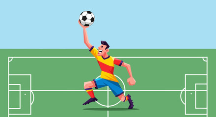 Obraz premium Excited soccer player celebrating a victory on a green field under a clear blue sky, holding a soccer ball triumphantly.