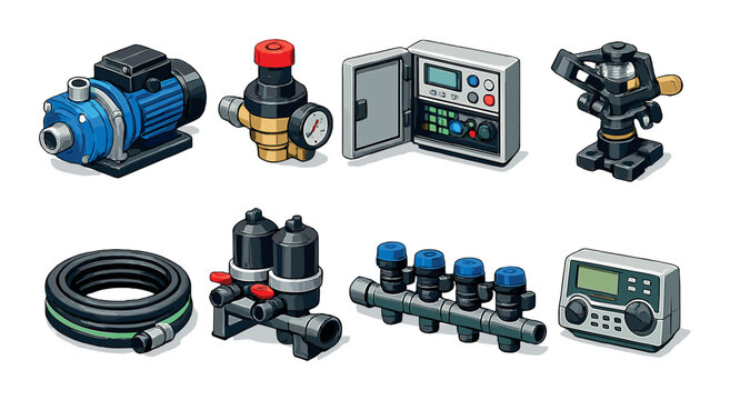 Water pump and irrigation control components on gray surface