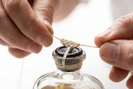Hands tying an intricate decorative knot with string over the dark wax seal of a glass bottle