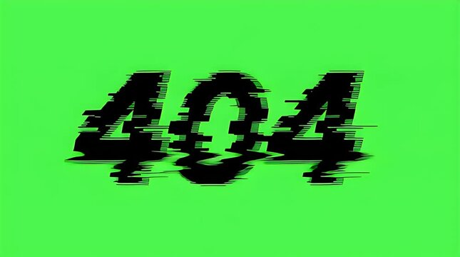 Striking 404 error message experiencing a significant digital glitch distortion effect, appearing on a vivid green screen background, signifying common web page not found issues.