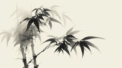 Obraz premium Authentic oriental ink painting depicting bamboo stalks and leaves with elegant brushstrokes on a textured beige background.
