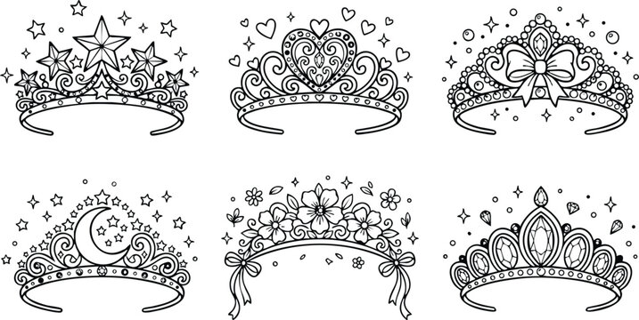 Six decorative tiaras with stars hearts moon bow floral and gemstone motifs