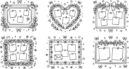 Black and white floral frames with bows and notes vector line art set