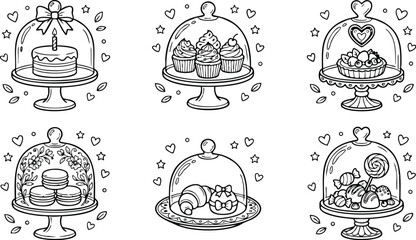 Assorted cakes cookies and candies under glass cloches
