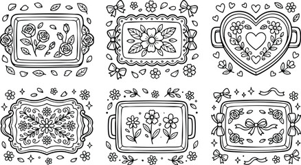 Black and white decorative floral tray collection with bows hearts and leaves vector art