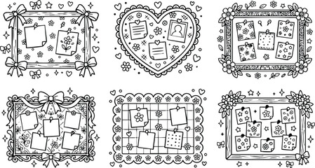 Black and white floral bulletin boards line art with bows and hearts illustration set