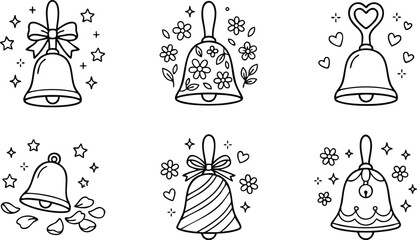 Black and white line art floral heart and ribbon decorated bells set