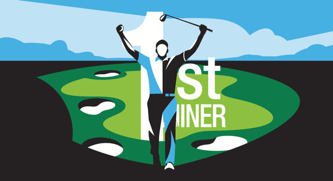 A graphic illustration of a triumphant golfer celebrating victory on a green golf course with bunkers, holding a club and a "1st WINNER" flag under a blue sky.