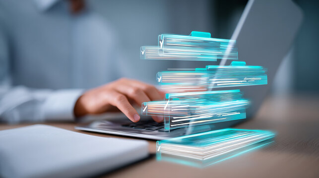 Person's hands typing on a laptop with a futuristic stack of glowing data files floating above