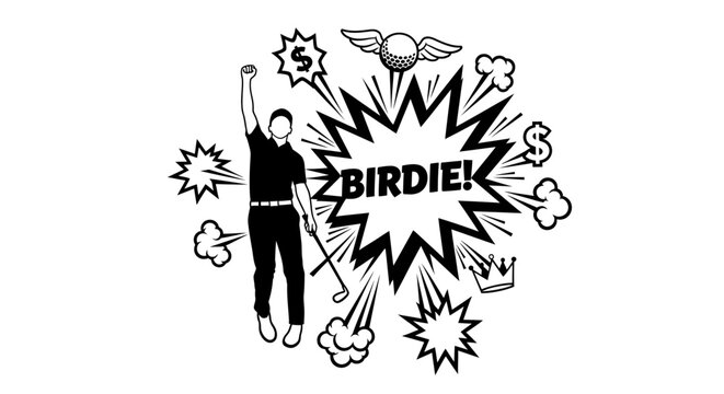 Black and white illustration of a male golfer celebrating a birdie with a comic book style explosion and various icons.