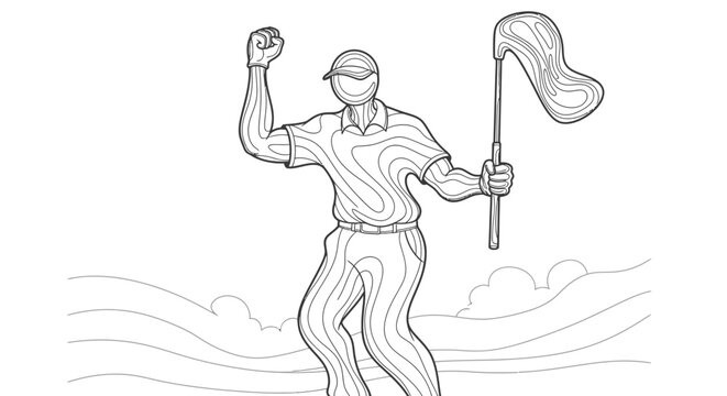 Line art illustration of a triumphant golfer celebrating victory on the course, holding a flagstick with a wavy flag.