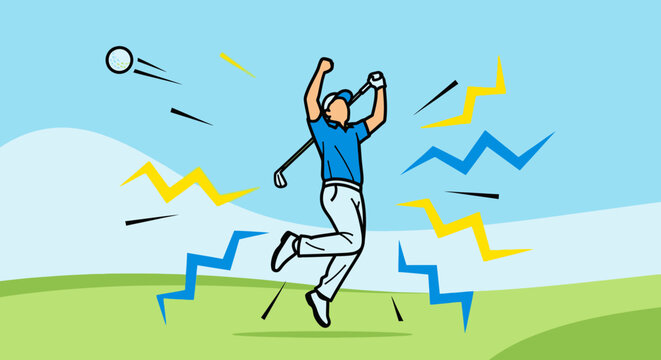 An excited male golfer celebrates a successful shot on a green course with a golf ball flying and energetic zigzags.