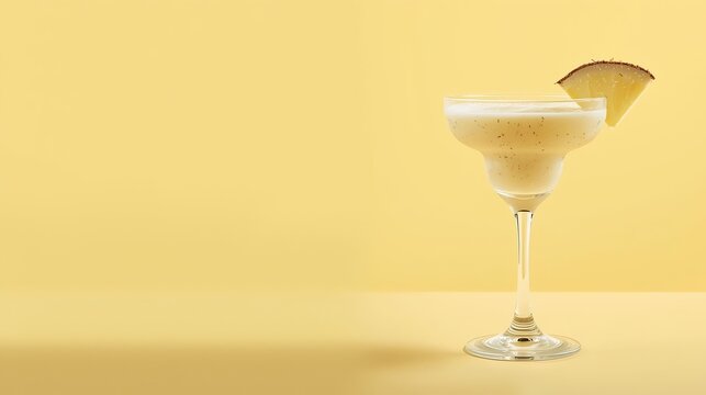 Creamy tropical cocktail with coconut texture and pineapple slice in margarita glass on soft yellow. Summer 2026 beach mood, copy space. Perfect for resort, bar, travel ads.