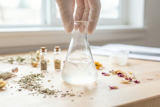 Chemist or perfumer swirling a glass flask of clear liquid near dried botanical herbs