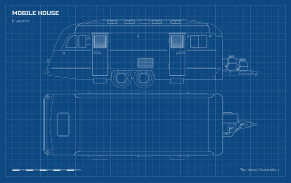 Outline mobile house. Top and side views of the trailer. Family van blueprint. Modern campervan drawing. Vintage portable wagon for holidays