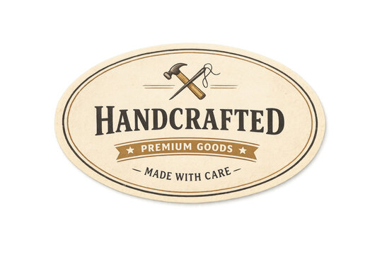 Handcrafted premium goods badge with hammer and needle